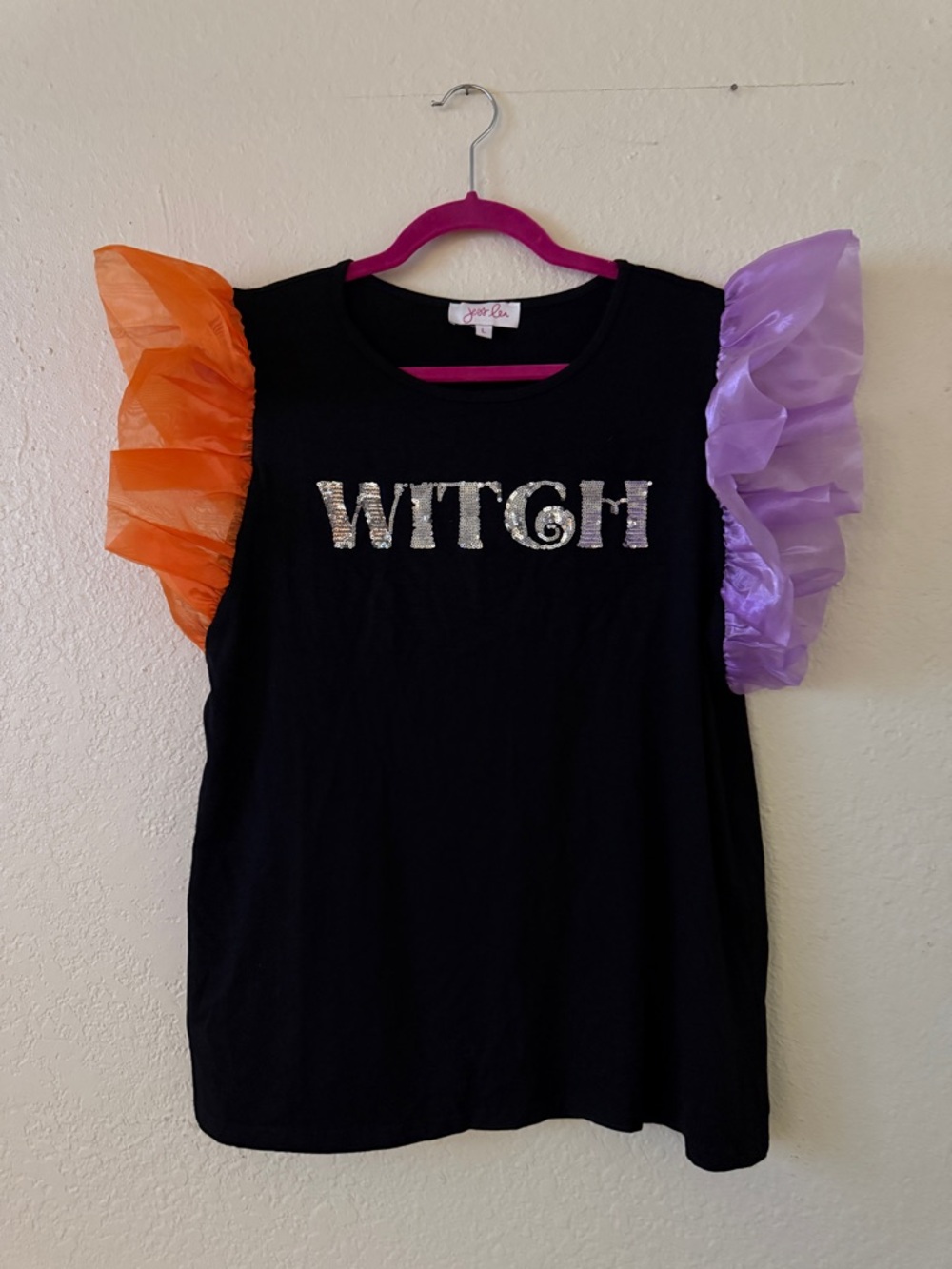 Jess Lea Brand “WITCH” Sequin Graphic Tee with Orange & Lavender Ruffled Sleeves